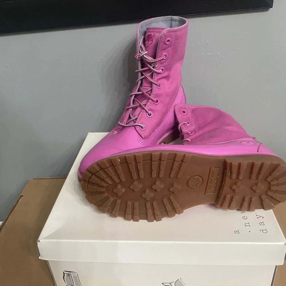 Timberland Girls Pink Patent Leather Canvas Lace Up Boots 3396A Size 5